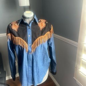 1849 Authentic Ranchwear denim fringe Western Button Up